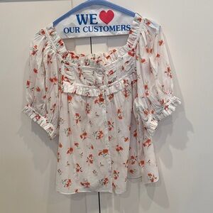 Doen White and Red Floral Blouse